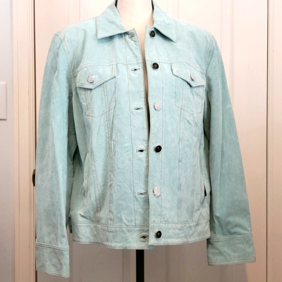 NWT Terry Lewis lined suede jacket in beautiful light blue/green. Size Medium. - Picture 1 of 4